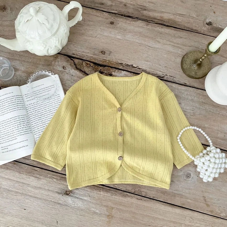 2025 Korean Cardigan Toddler Tops Kids Solid Color Coat Infant Lightweight Casual Outerwear Boys Girls Button Down Summer Jacket