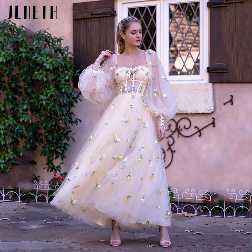 JEHETH Fairy Floral Print Prom Dress Sweetheart Long Puff Sleeves Embroidery Lace A-Line Champagne Evening Gowns Ankle Length