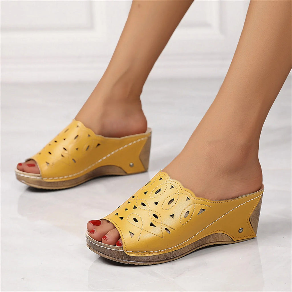 Women'S Sandals Summer 2024 Leather Hollowed Out Fish Mouth Sloping Heel  Roman Sandals Fashionable Solid Color Slippers Heels