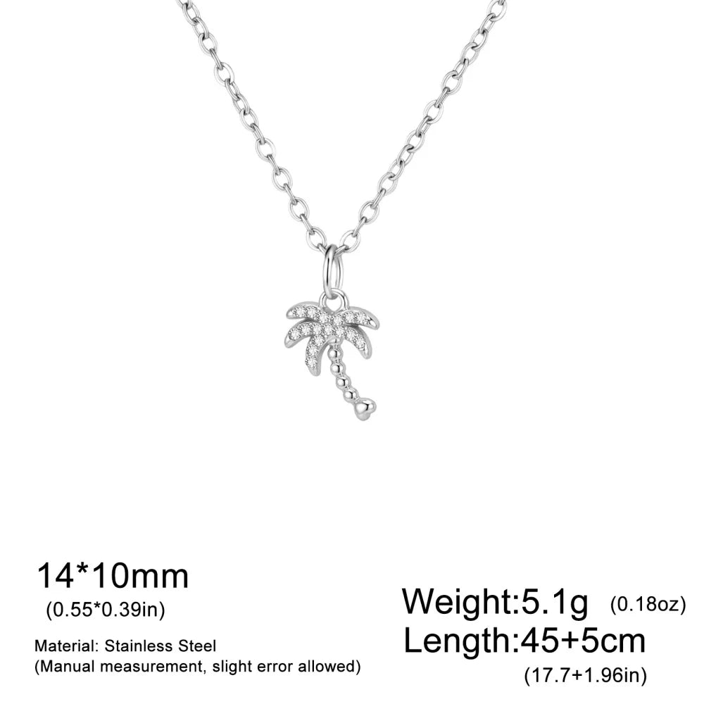 Skyrim Clear Zircon Coconut Tree Pendant Necklace Stainless Steel Gold Color Chain Choker for Women Plant Jewelry Wholesale