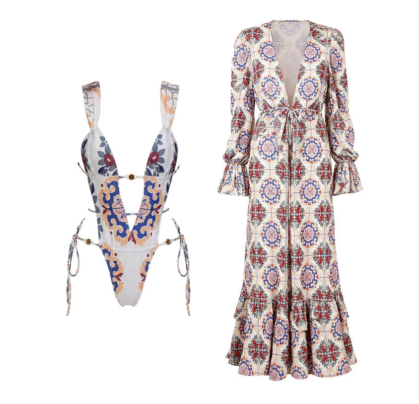 Push Up 2026 New Retro Prints 3 Pieces Bikinis Sets With Mesh Pants Beachwear Sexy Women's Swimsuit Cover-ups Strappy Beach Wear