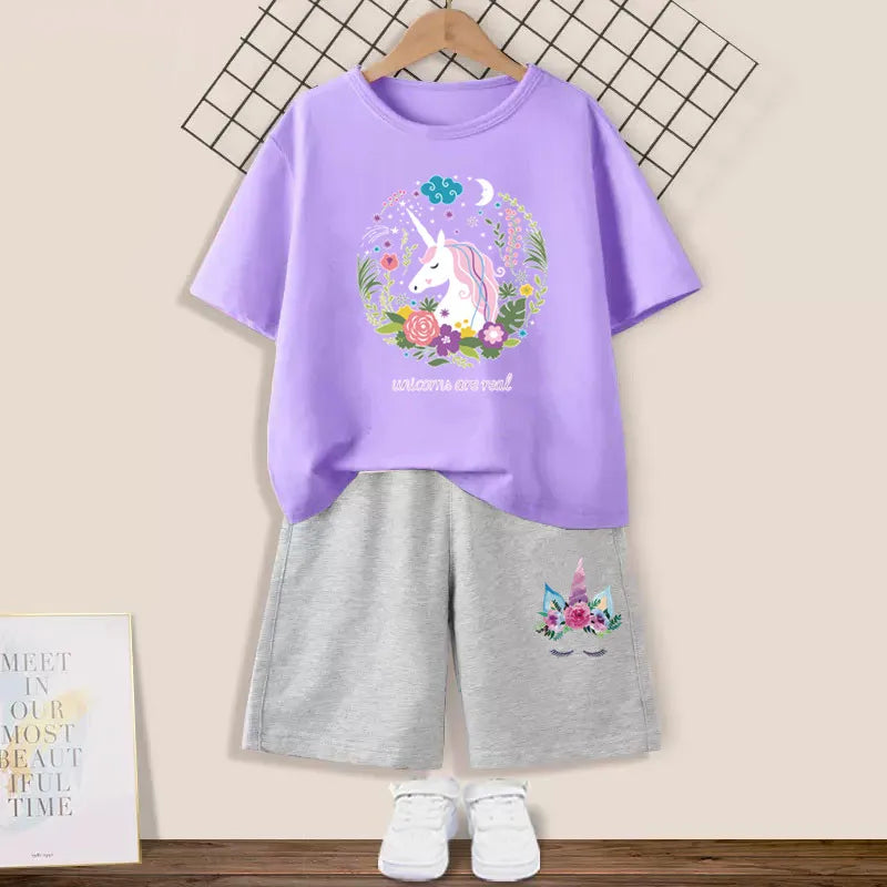 Girls Happy Cat Printed 2PC Outfit Set Summer Fashion Short Sleeve T-Shirt And Shorts Combo Cute Kids Clothing