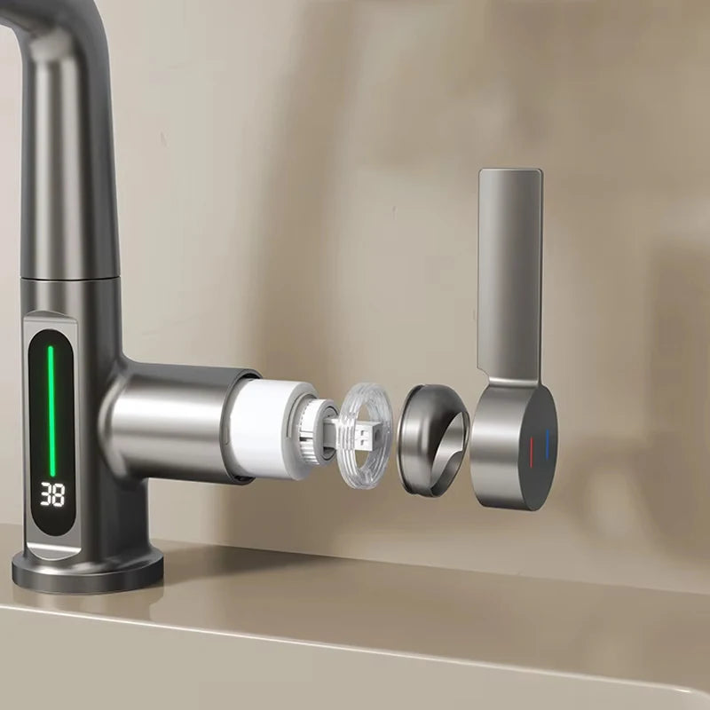 Intelligent Digital Display Pull Out Kitchen Faucet Cold Hot Mixer Taps Rotatable Sink Lifting Basin Faucet