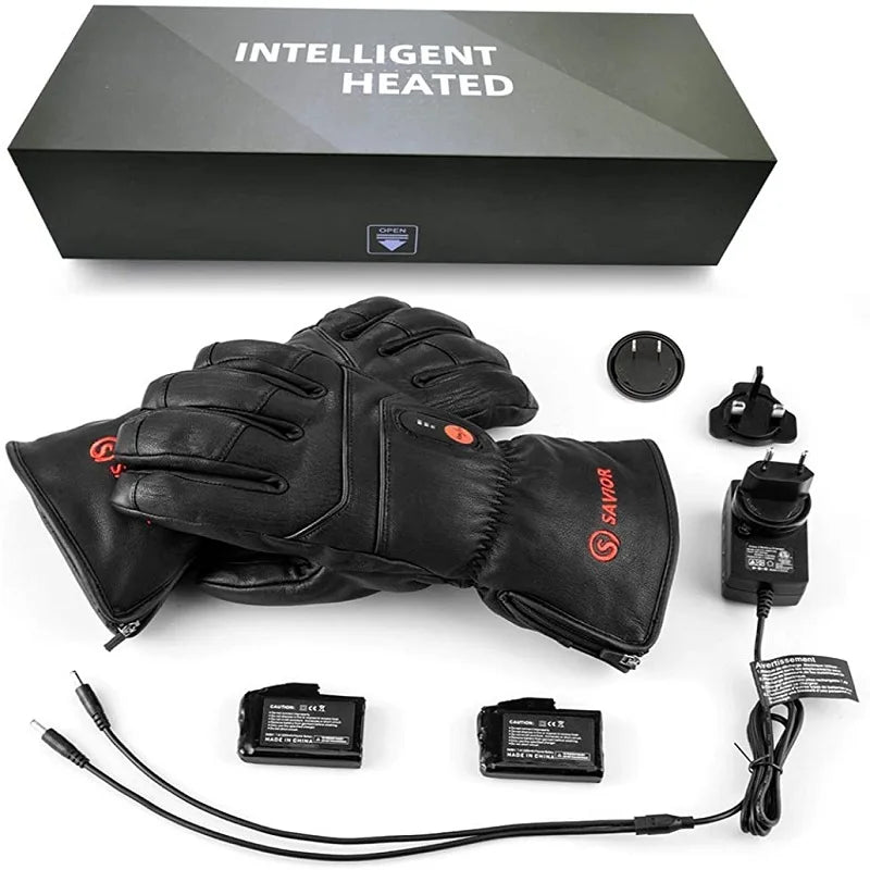 SAVIOR HEAT Electric Heated Leather Gloves Rechargeable Battery Waterproof Heated Gloves for Men Women Cycling Ski Thermal Warm