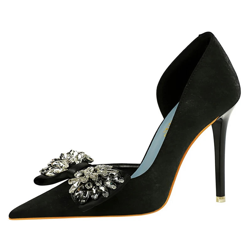 BIGTREE Shoes Rhinestone Bow Women Pumps Luxury Banquet Shoes Sexy High Heels Women Stilettos Party Shoes Large Size 41 42 43
