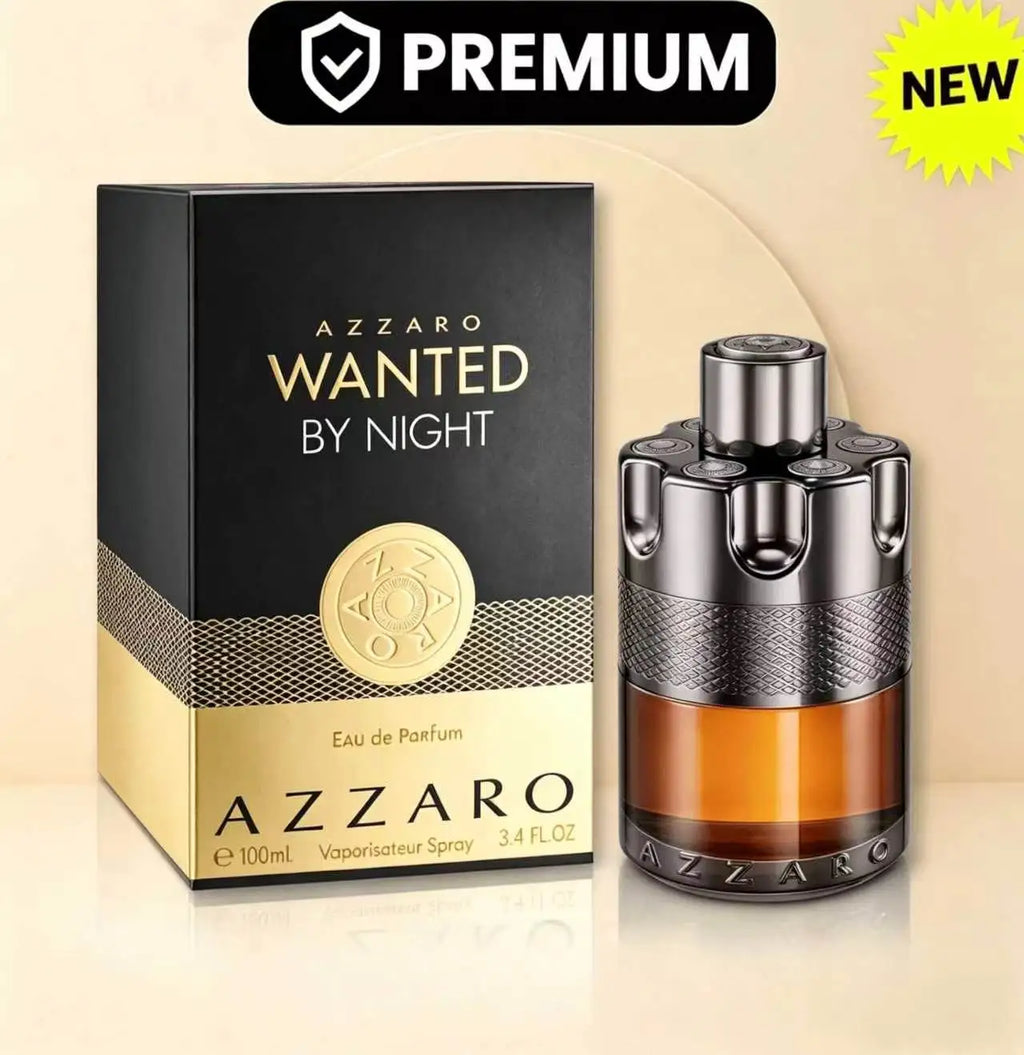 Azzaro Wanted By Night Eau De Parfum 100ML With Original Brown Gold Gift Box Long Lasting Rich Warm Spicy Tobacco Vanilla Woody Fragrance Men Perfume Silver Cap Transparent Amber Liquid Bottle Night Club Masculine Scent Holid