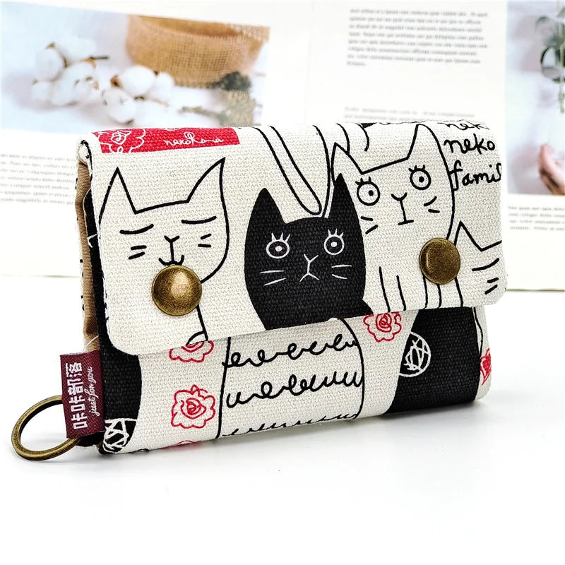 Handmade Three Fold Fabric Wallet Women Men Simple Short Zipper Purses for Teens Personality Multi-function Key Bag Card Holder