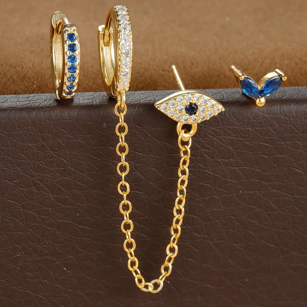 3pcs Stainless Steel Blue Zircon Evil Eye Hoop Earrings Set For Women 18K Gold Plated Cartilage Piercing Earring Fashion Jewelry