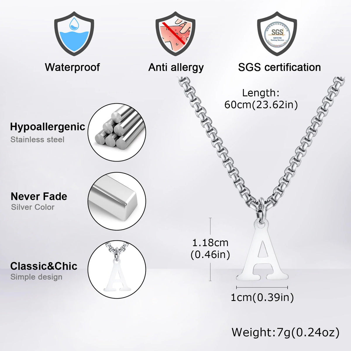 Vnox Simple A-Z Letter Necklace for Men, Waterproof Stainless Steel 26 Letters Pendant Necklace，Men’s Minimal Initial Necklace