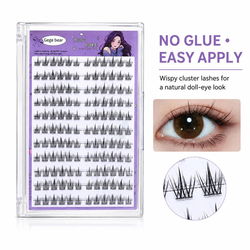 Gege Bear No Glue False Eyelashes Self Adhesive Lash Clusters Wispy Sunflower Style Natural Doll Eye Easy Apply Makeup