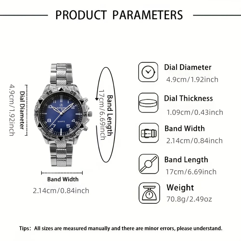 Men's Fashion Business 4-piece Set Quartz Watch with Crucifix Pendant Necklace, Bracelet and Ring Set - Alloy Strap