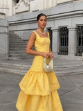 Luxury Sparkling Ruffled Layerd Yellow Long Dress Chic Backless Bodycon Wedding Sling Robes Women Elegant Party Club Vestidos