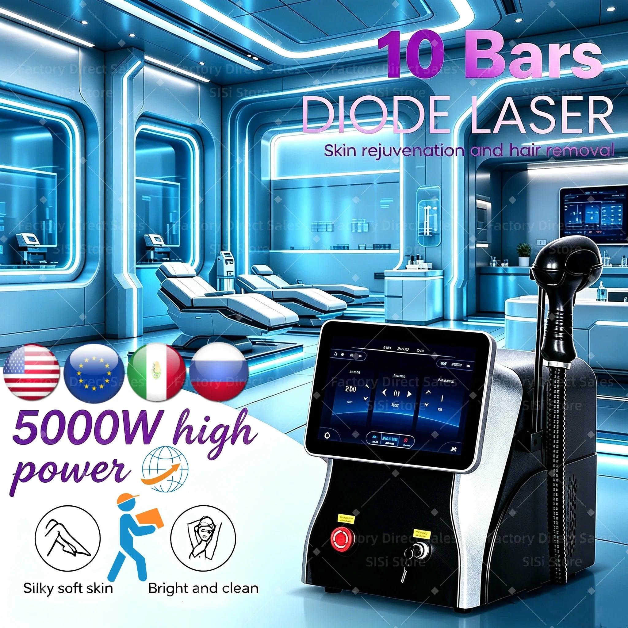 Diode Lase Ice Platinum Hair Removal Machine 5000W Diode Lase Permanent Painless Depilator 3-Wavelength 755 808 1064nm