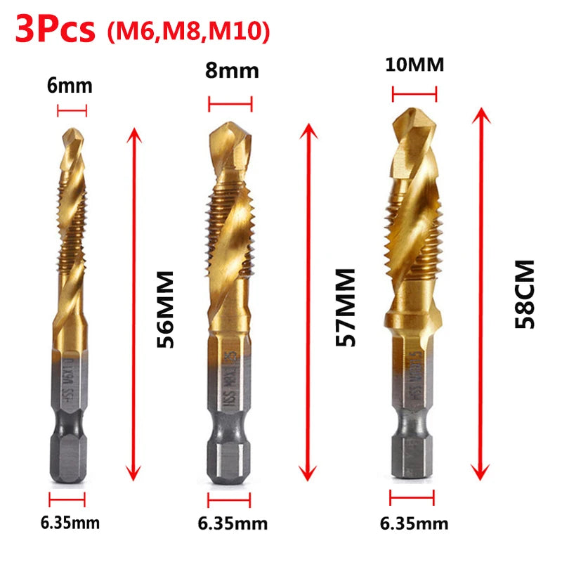 Hex Shank Titanium Plated HSS Screw Thread Metric Tap Drill Bits Screw Machine Compound Tap M3 M4 M5 M6 M8 M10 Hand Tools