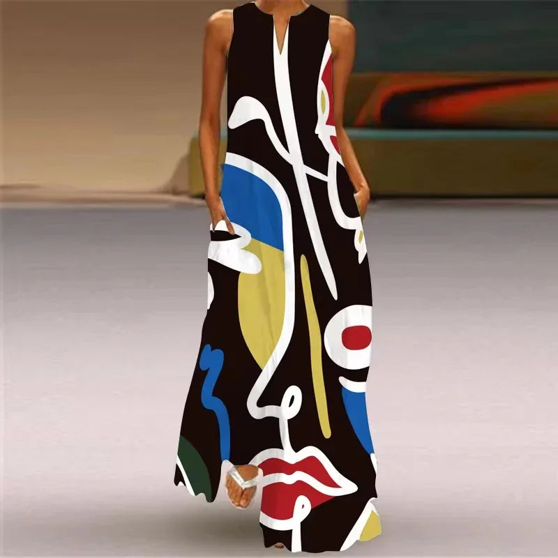 Summer Outdoor Street Fashion Women's Long Dress New Abstract Art Print Dress Sleeveless Vest V-Neck Fashion Women's Party Dress