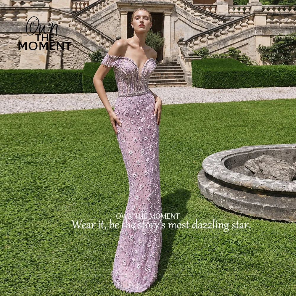 OTM 3D Floral Appliques Prom Dress Lilac Beaded Off Shoulder Evening Dress Deep V Mermaid Floor Length Party Dress Custom