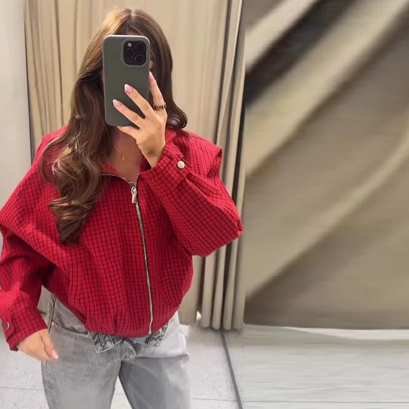 Elegant Plaid Patchwork Women's Jacket Loose Full Sleeve Stand Collar Single Breasted Outwear Female 2026 Fashion Autumn Outwear