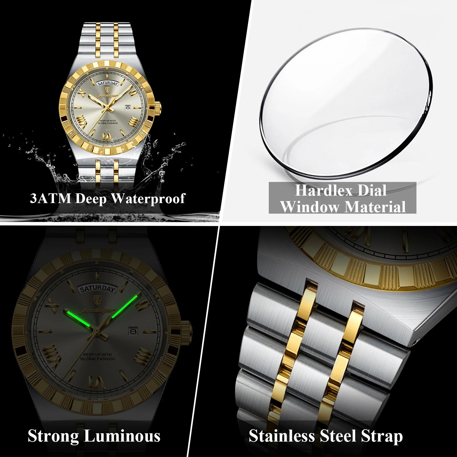 POEDAGAR Fashion Business Men's Watch Luminous Waterproof Week Date Luxury Man Wristwatch Stainless Steel Quartz Watches For Men