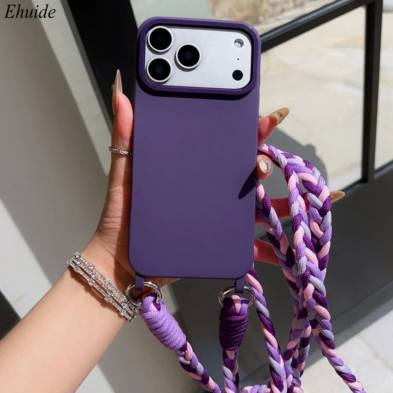 Fashion Lanyard Case For iPhone 17 Pro Max 18 14 12 11 13 15 16 Plus Air Shockproof Candy Crossbody Neck Cord Braid Strap Cover