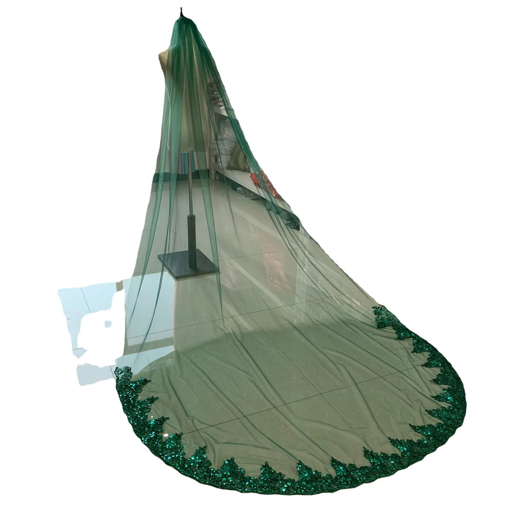 Green Muslim Cathedral Wedding Veils 6 Colors Long Lace Sequins Edge Bridal Veil with Comb Wedding Accessories Veu de Noivral