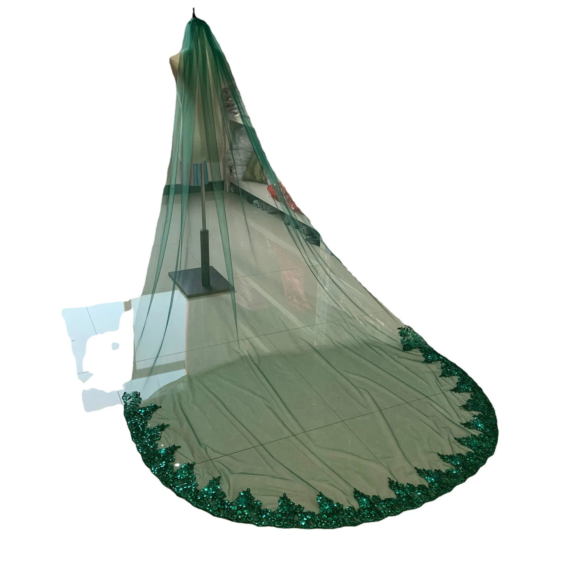 Green Muslim Cathedral Wedding Veils 6 Colors Long Lace Sequins Edge Bridal Veil with Comb Wedding Accessories Veu de Noivral