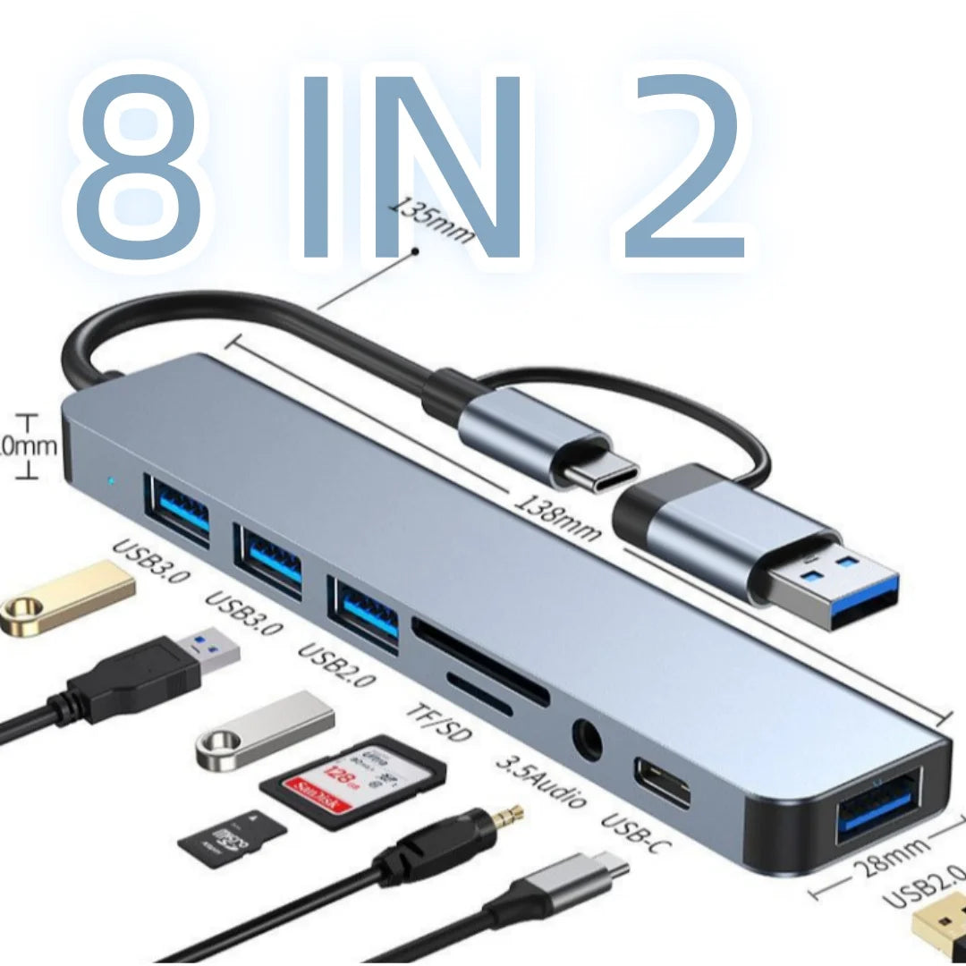 7-Port USB Hub Splitter 1USB3.0+4USB2.0+2USB-C 2.0 with 5W Power Supply High Speed Multiport Expander for Laptop Desktop PC Comp