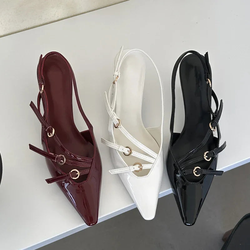 Eilyken Designer Narrow Band Buckle Strap Pumps Women Sexy Pointed Toe Low Thin Heels Wedding Banquet Dress Mule Ladies Shoes