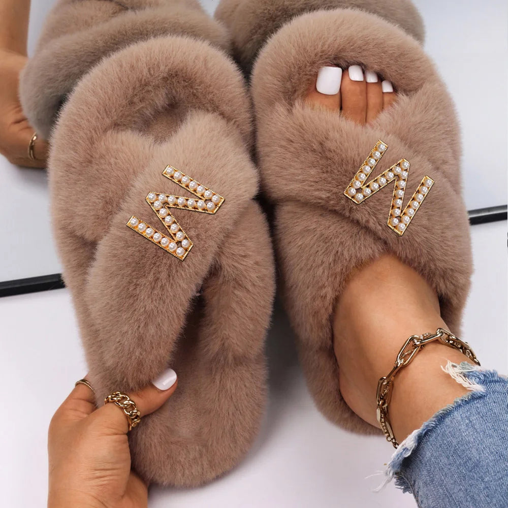Women Furry Fur Slippers Soft Faux Fur Slides Ladies Plush House Slippers Cross Strap Open Toe Flat Sandals Fluffy Warm Shoes