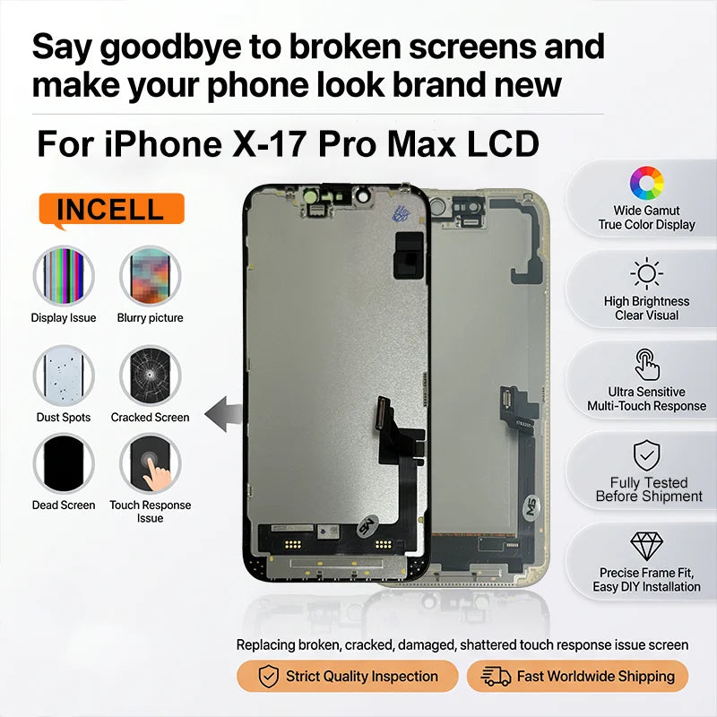 Incell For iPhone X XR XS XS Screen 11 12 13 Mini LCD For iPhone 14 Pantalla 15 Pro 16 Plus 17 Pro Max Display Replacement Parts