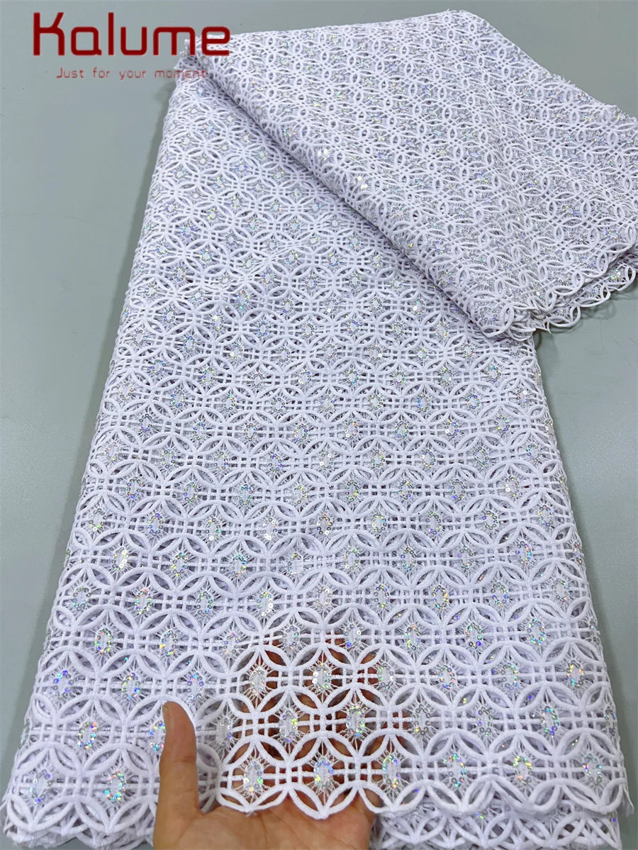 White African Guipure Cord Lace Fabric with Sequins 2025 High Quality Nigerian Guipure Cord Lace for Sewing Wedding Dress F4025