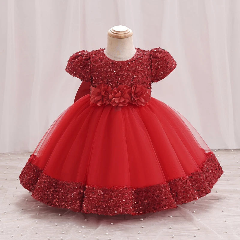 Toddler Baby Sequin Party Dresses Baptism Wedding 1 Year Birthday Bow Princess Dress For Baby Girls Lace Bridemaid Gown Vestidos