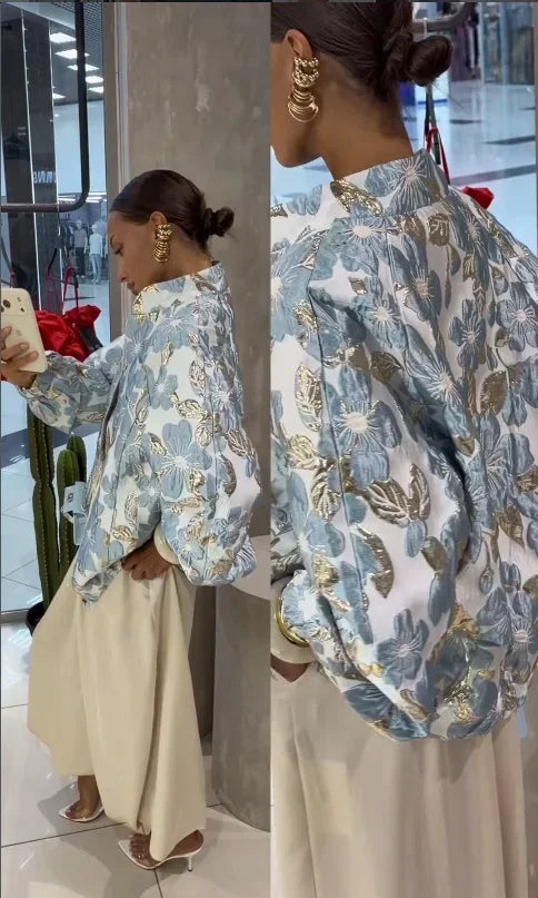 Women Luxury Jacquard  Short Coat Fashion Stand Collar Zip‑front Oversized Loose Jacket 2026 New Casual Street Commute Outfit