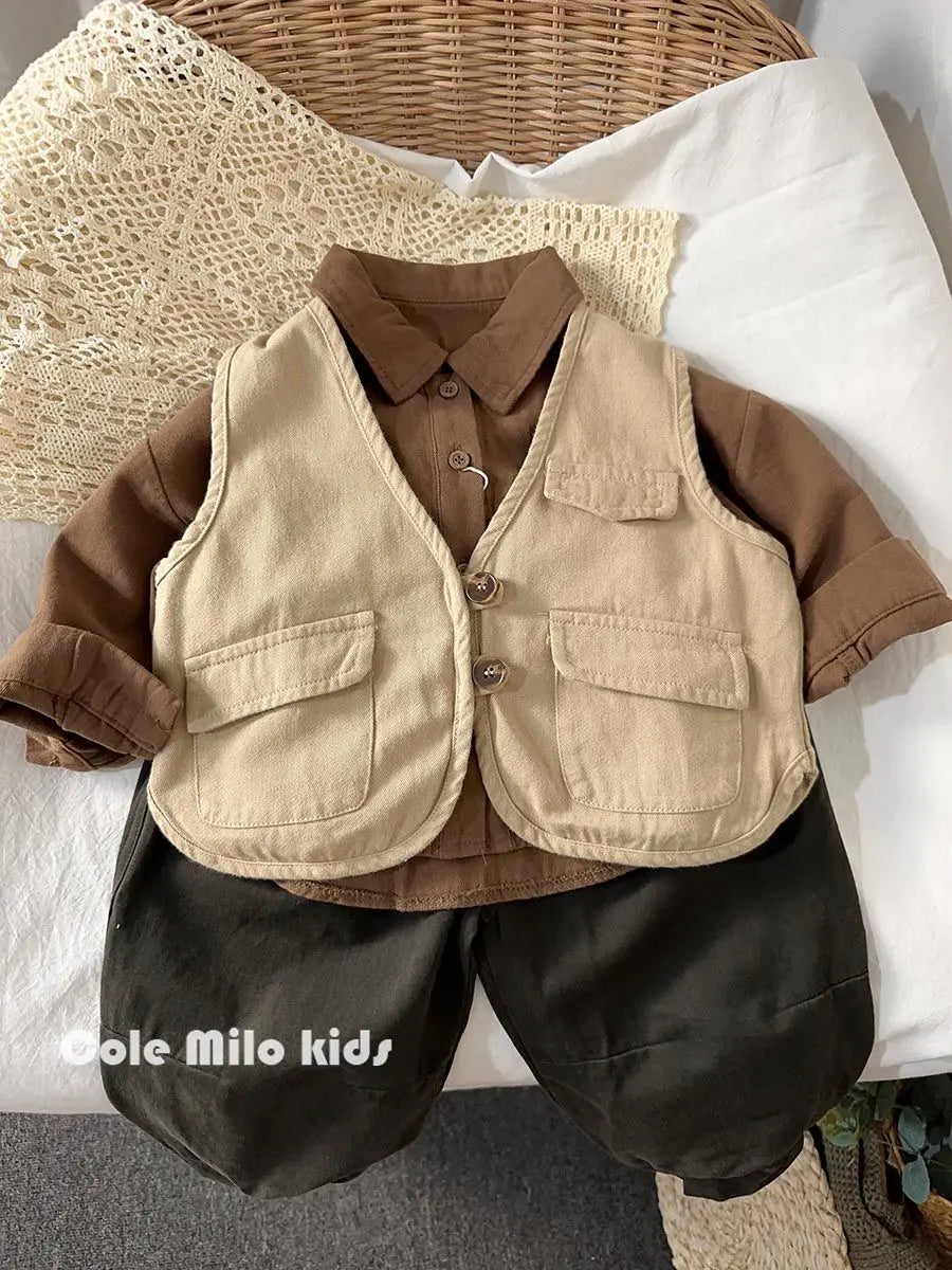 Korean boys' shirt long sleeved spring and autumn 2024 new girls' shirt baby top children's cardigan outdoor wear