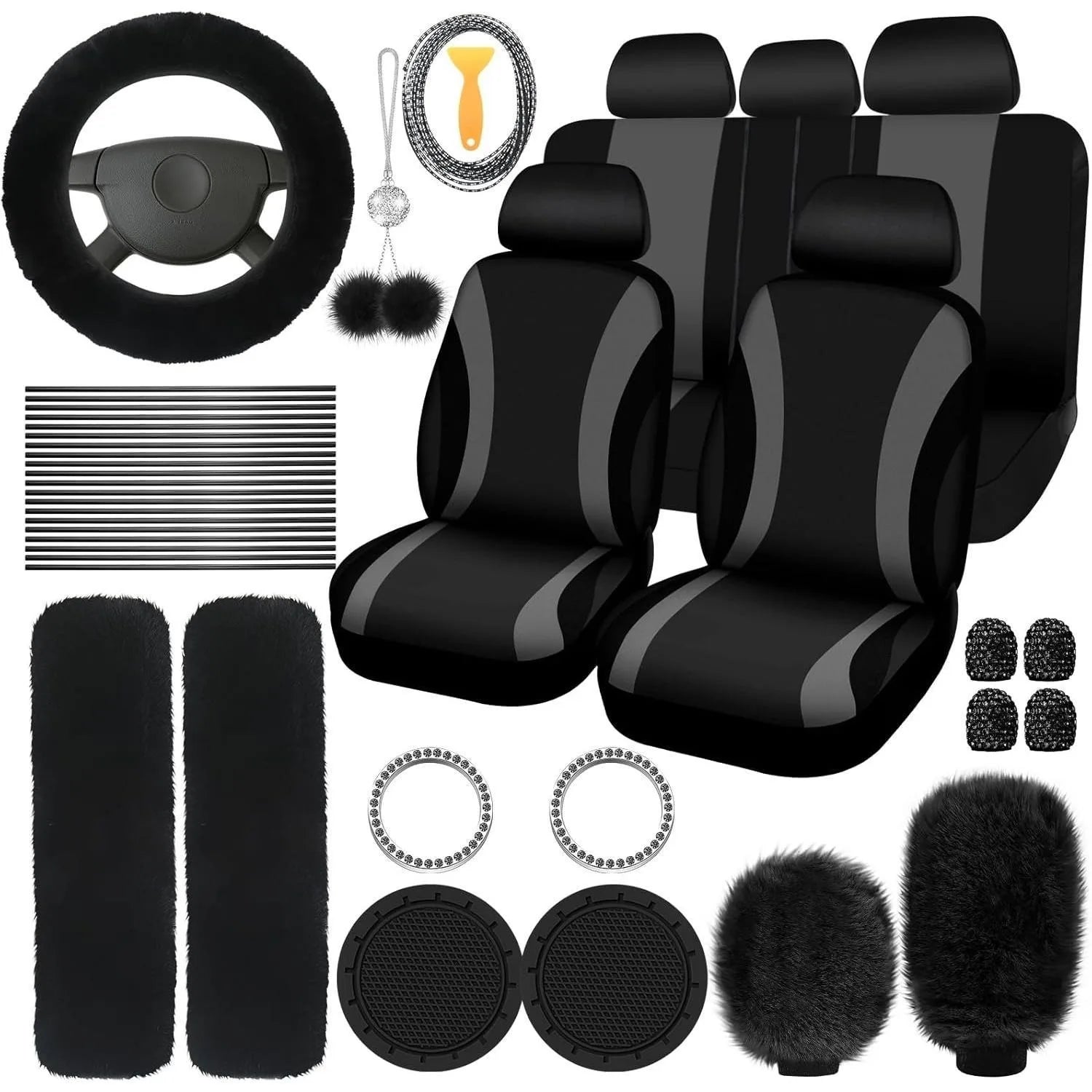 Fluffy Cute Women Car Accessories Set 45pcs Blue Steering Wheel Cover Seat Belt Handbrake Gear Shift Covers Great Gift