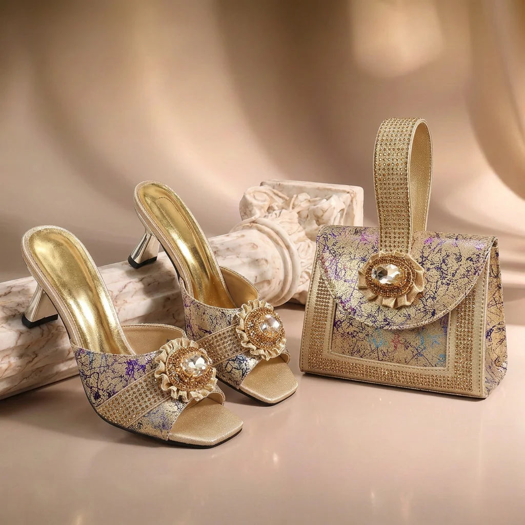 European and American High-End Women's Shoes with Bag  Wide open-toe shoe Nigerian Wedding Shoes and Bag