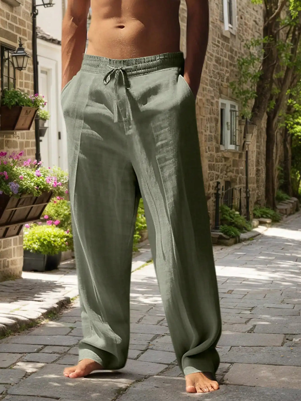 Men Linen Wide Leg Casual Pants Loose Lightweight Trousers Breathable Summer Spring Fall Daily Wear