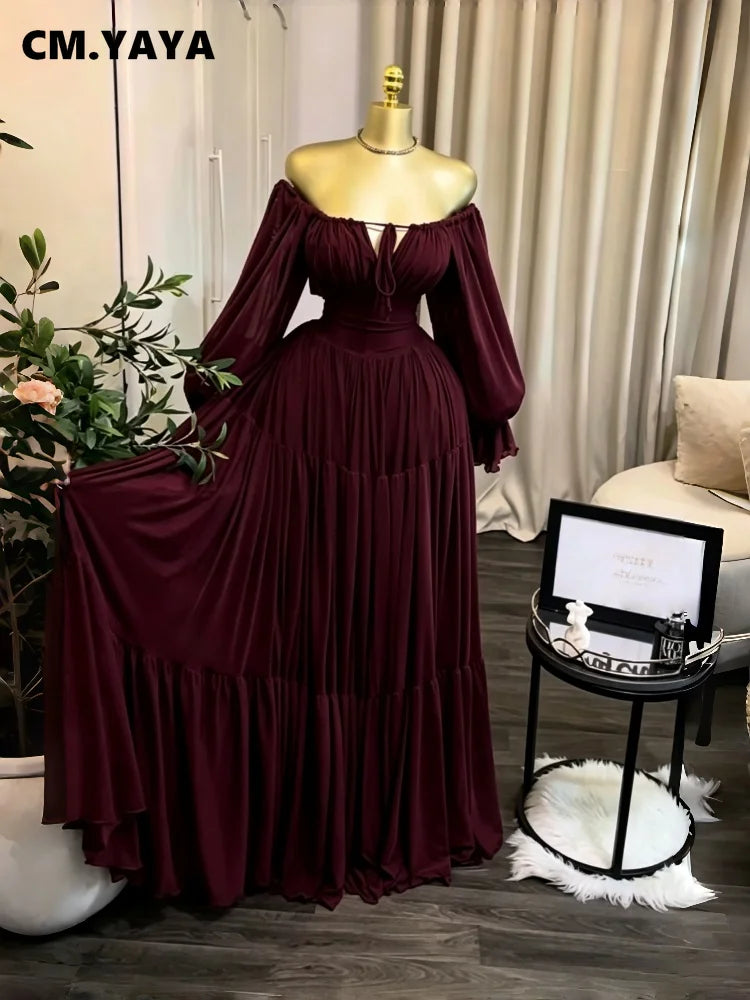 CM.YAYA 2026 Fall Winter Women Long Sleeve Slash Neck Long Maxi Dress Slim Evening Birthday Trendy Sexy Vacation Party Dresses