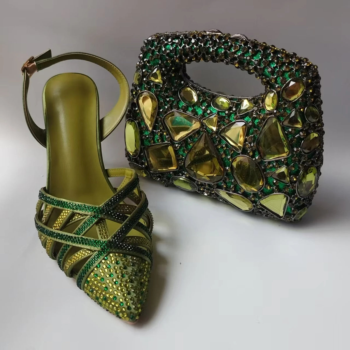 INSIGHTLINK Luxury Olive Green Rhinestones Women's Shoe and Bag Set for Party Wedding Crystals Heeled Pumps and Handbag Sandals