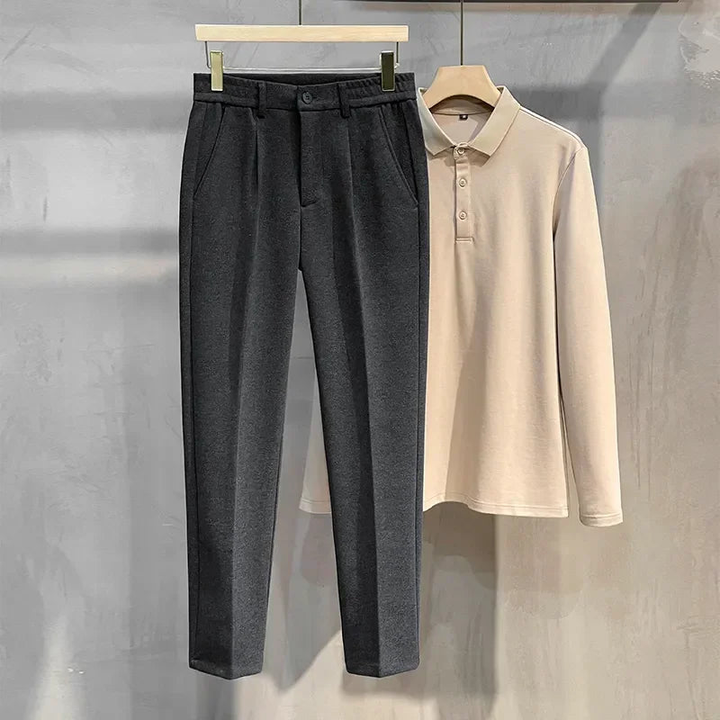 Autumn Winter Men's Woolen Suit Pants Formal Business Office Slim Straight Elastic Waist Korean Casual Tapered Brown Trousers