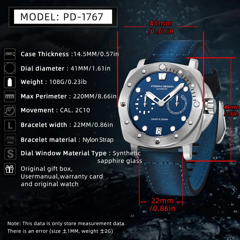PAGANI Design 2026 New Men Automatic Mechanical Watches Top Brand Luxury 200M Waterproof AR Sapphire Watch for Men