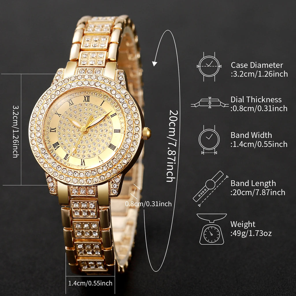 5PCS Luxury Women Roma Dial Quartz Watch Fashion Diamond Ladies Wristwatch Jewelry Set Reloj Mujer Girls Clock (Without Box)