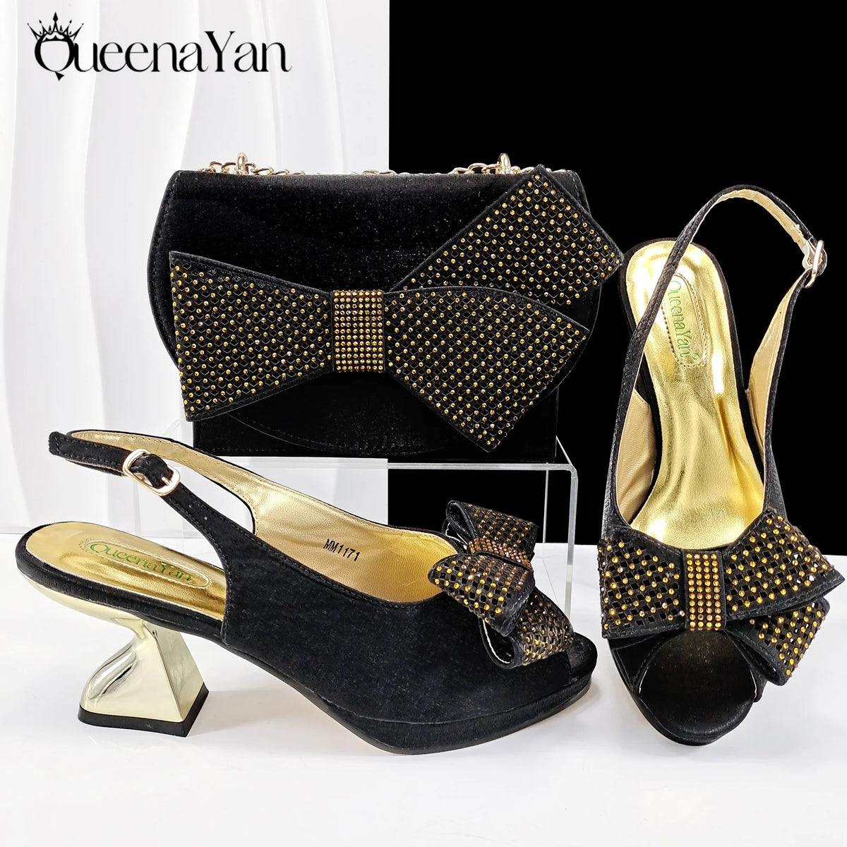 Queena Yan Elegant Women High Heels for Peep Toe Good Material Rhinestone Wine Sandals Italian Design Shoes and Bags Matching