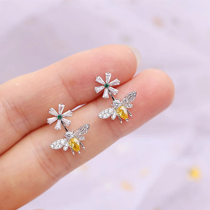 Huitan Fashion Simulated Pearl Bee Stud Earrings with Crystal Cubic Zirconia Cute Animal Earrings Daily Wear Women Jewelry