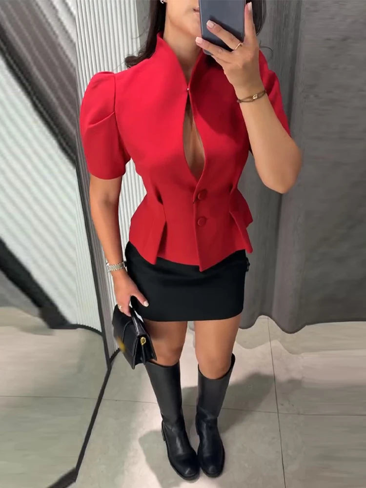 Elegant Ruffle Women's Coats Short Sleeve Hollow-out V-neck Female Jackets 2026 Summer Office Lady New Waist-cinching Lady Coat