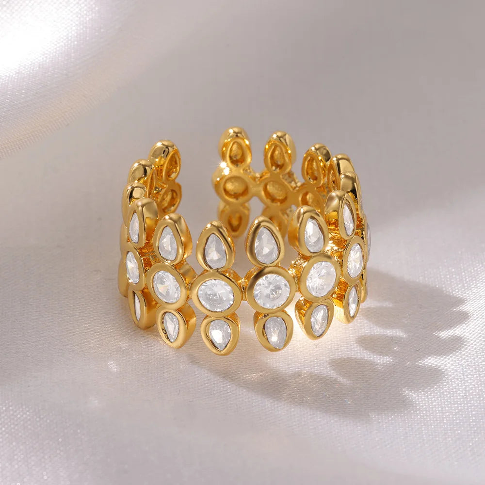White Zircon Geometric Stainless Steel Rings For Women Gold Color Adjustable Wedding Aesthetic Ring Jewelry Gift Accessories