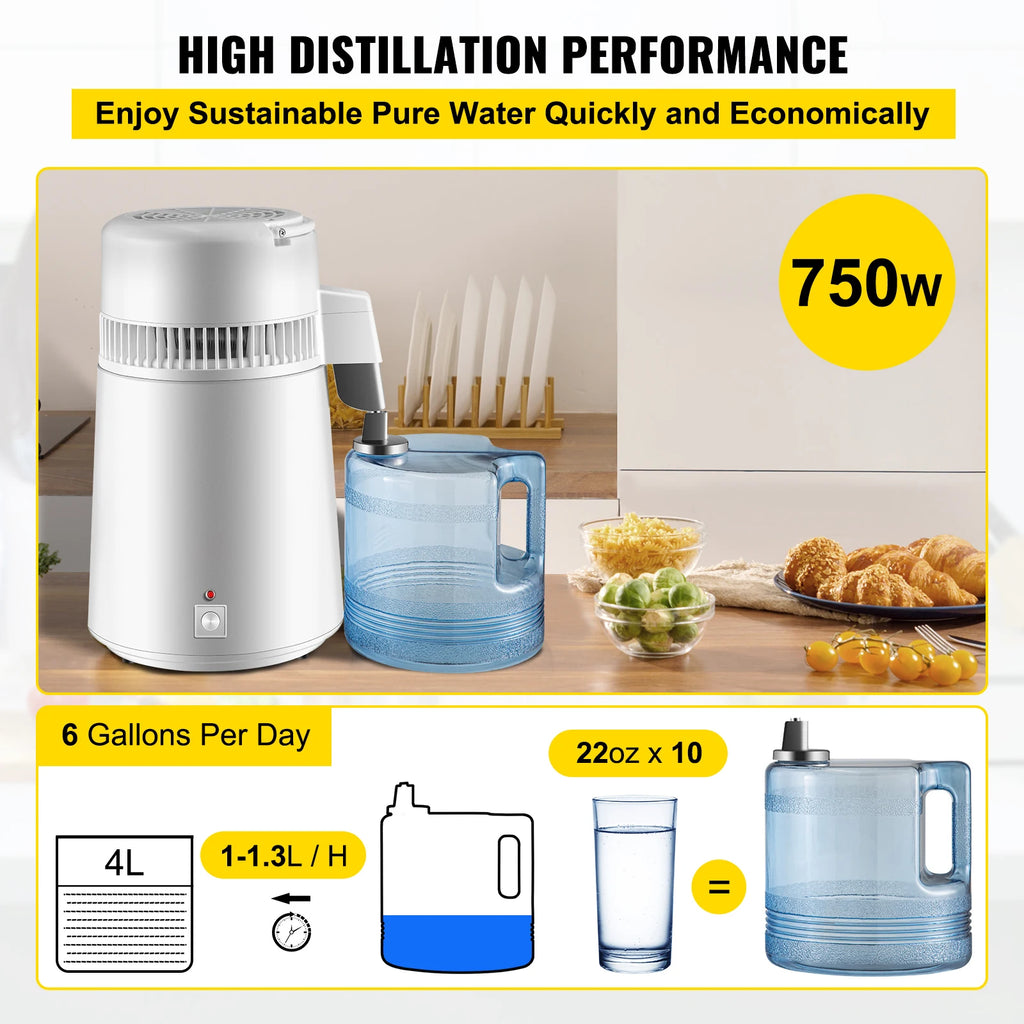 SucceBuy 4L Water Distiller Purifier Filter Dispenser Heating Drinking Bottle Softener  Stainless Steel Home Appliance for Offic