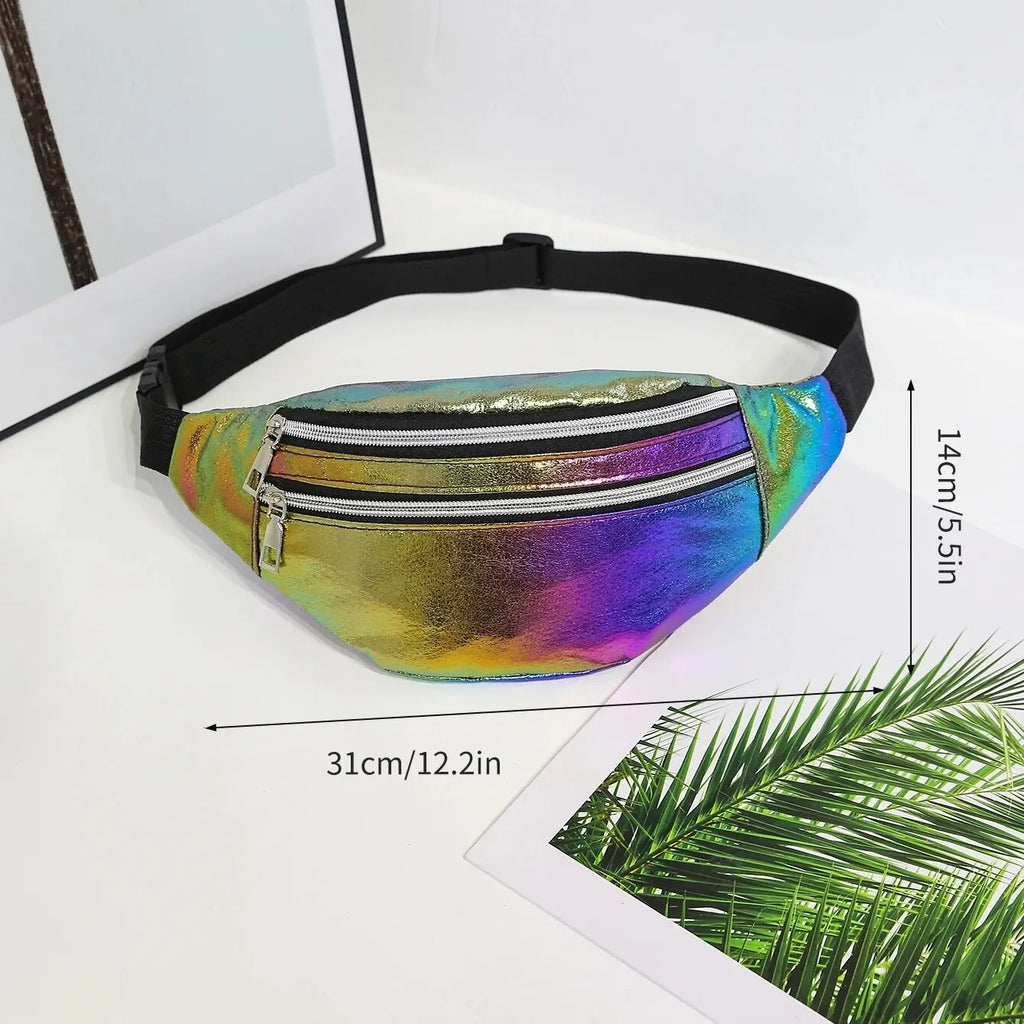 DX Holographic Fanny Pack Hologram Waist Bag Laser Beach Travel Banana Hip Bum Zip Waist Bags Women Belt Bag For Girls