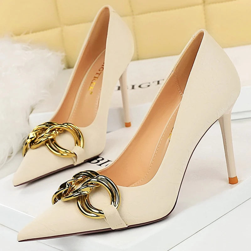 Women 7.5cm 9.5cm High Heels Escarpins Pumps Lady Metal Chain Low Heels Fetish Nightclub Slim Fit Party Green Office Prom Shoes