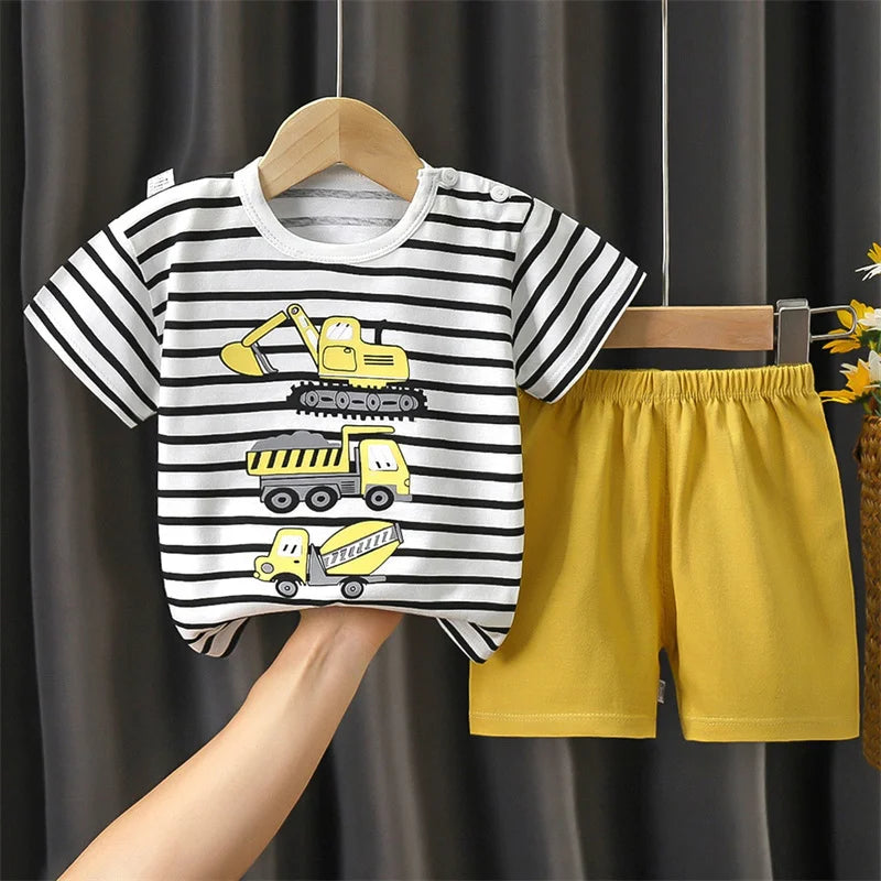 1-6 Y Kids Cartoon Excavator Striped T-Shirt+Shorts 2-Piece Set Cotton Pajama Baby Boys Girls Summer Casual Tracksuit Clothes Su