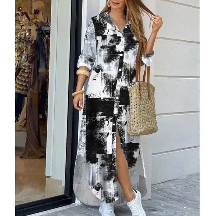 Women Shirt Dress Single Breasted Long Dresses Full Sleeve Turn Down Collar Solid Vestidos Shirts Pockets Split Casual 2025